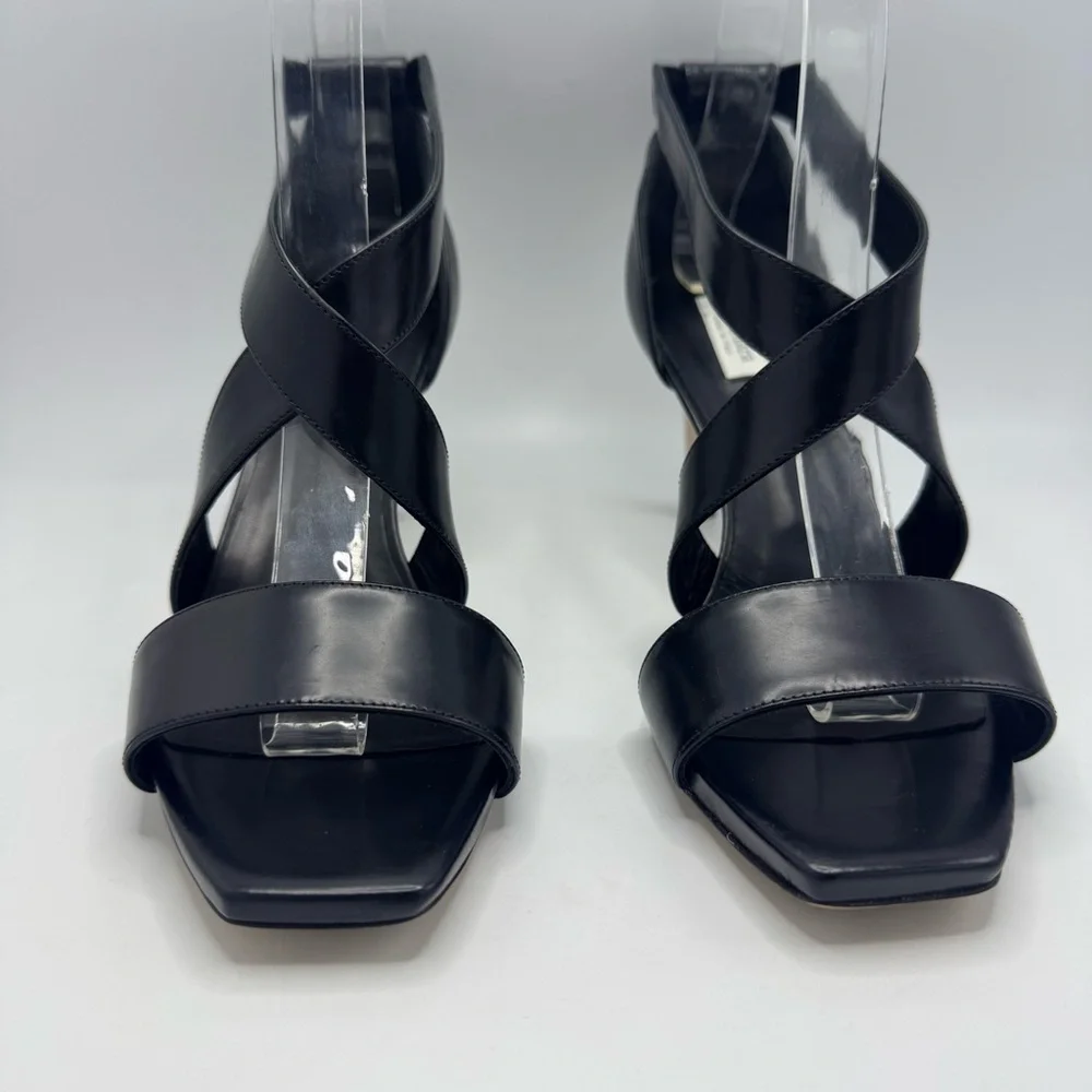 Max Mara Strappy Leather Heeled Square Toe Sandals Black Ivory Size 39